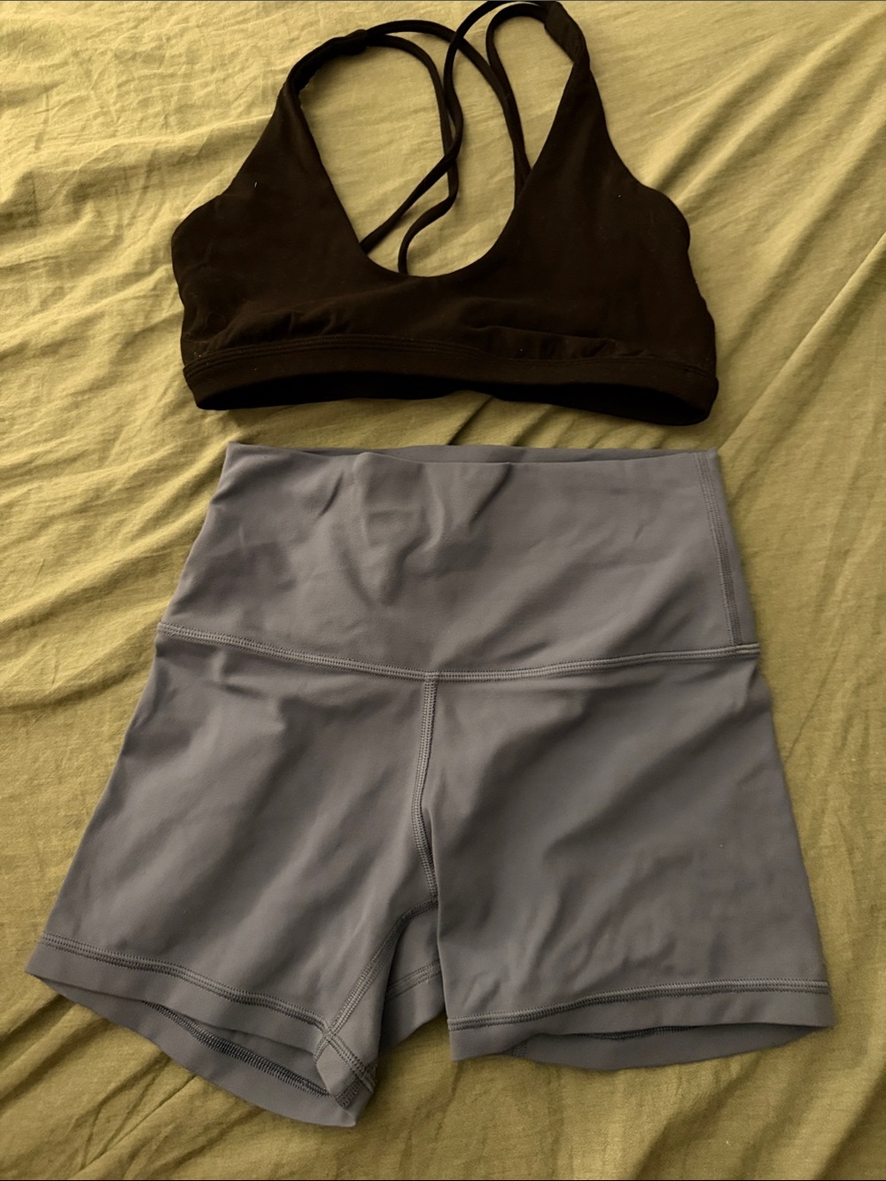 lululemon athletica Black Sports Bra with Gray-Blue High-Rise Shorts